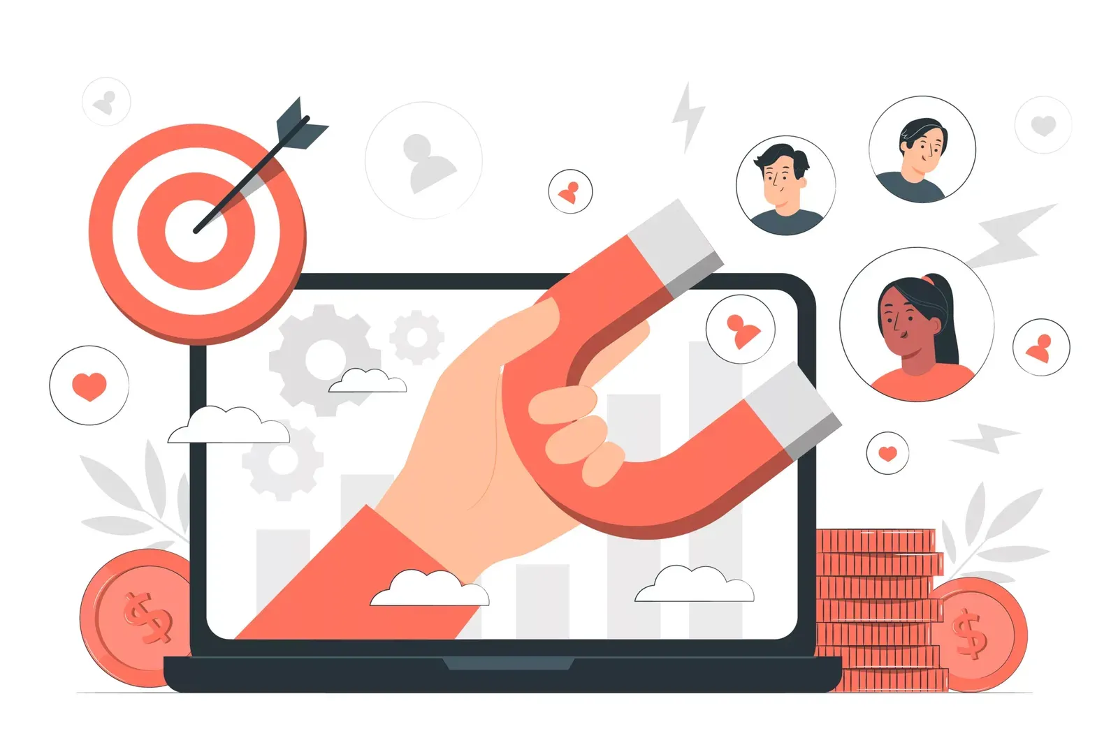 Ilustración de una mano que sale de una laptop con un imán y atrae avatares de clientes, con una diana, corazones y monedas