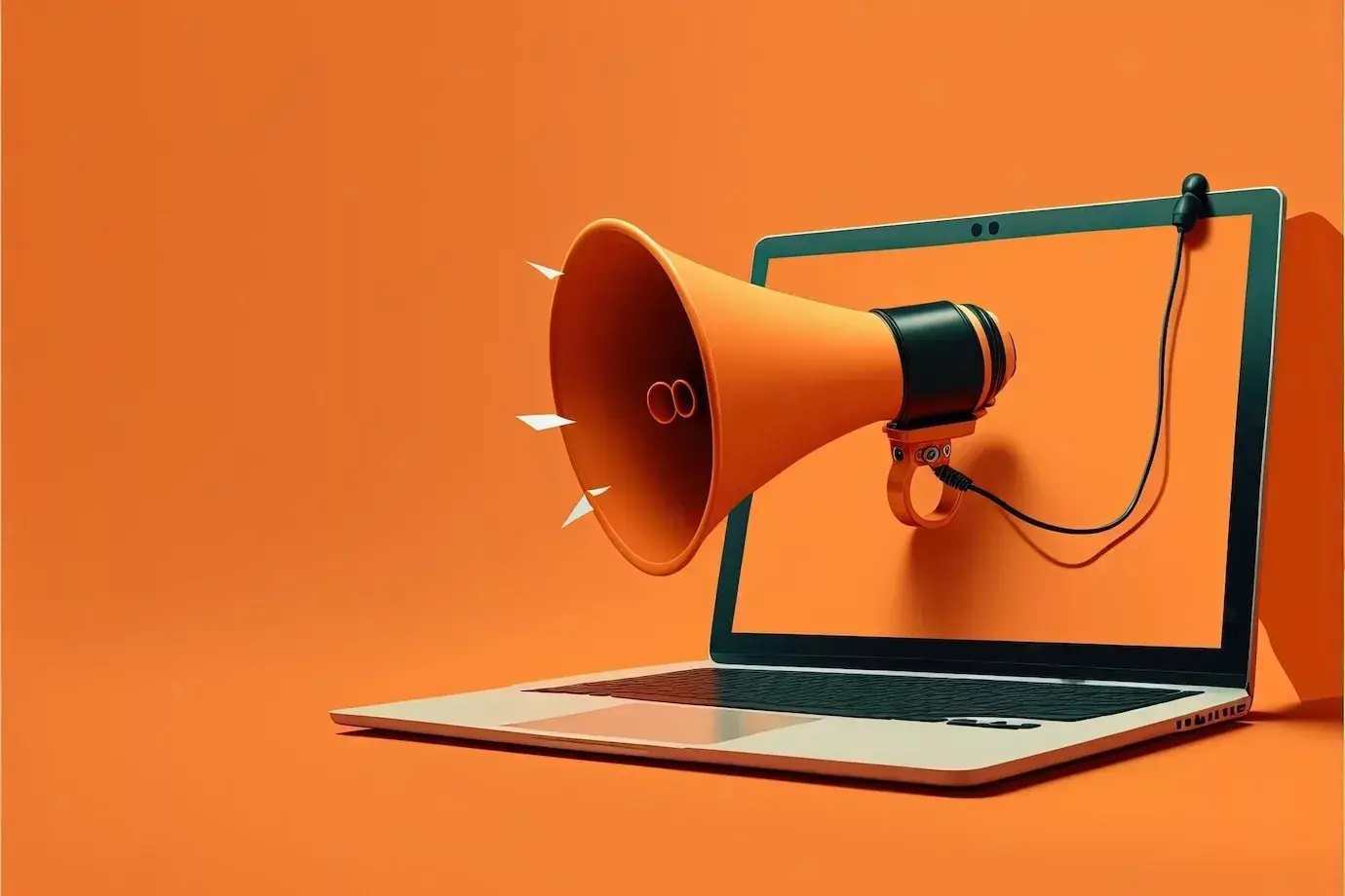 Megáfono naranja que sale de la pantalla de una laptop sobre un fondo naranja liso