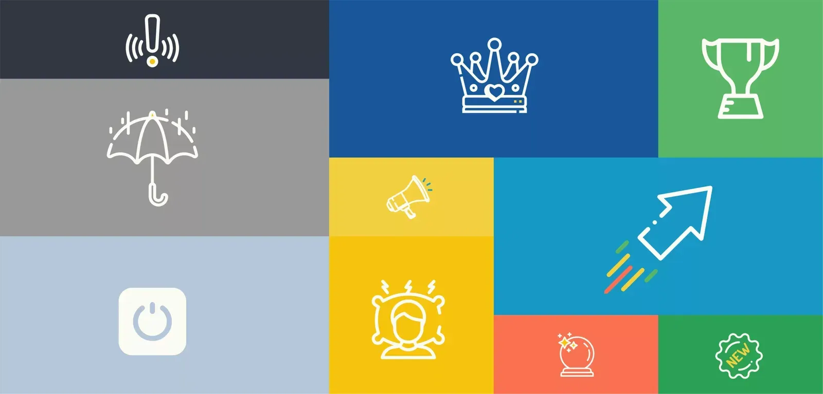 Mosaico de íconos lineales sobre bloques de colores: corona, trofeo, paraguas, megáfono, flecha en ascenso y sello de novedad