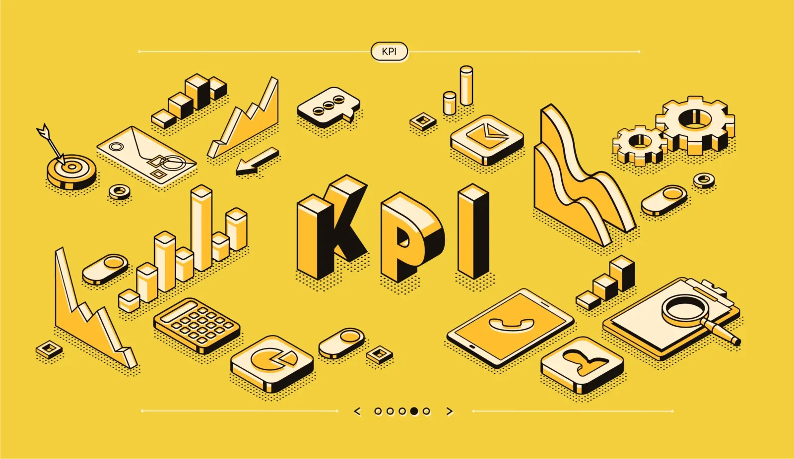 Ilustración isométrica de las letras KPI rodeadas de gráficos, engranajes, una diana y una lupa, en amarillo