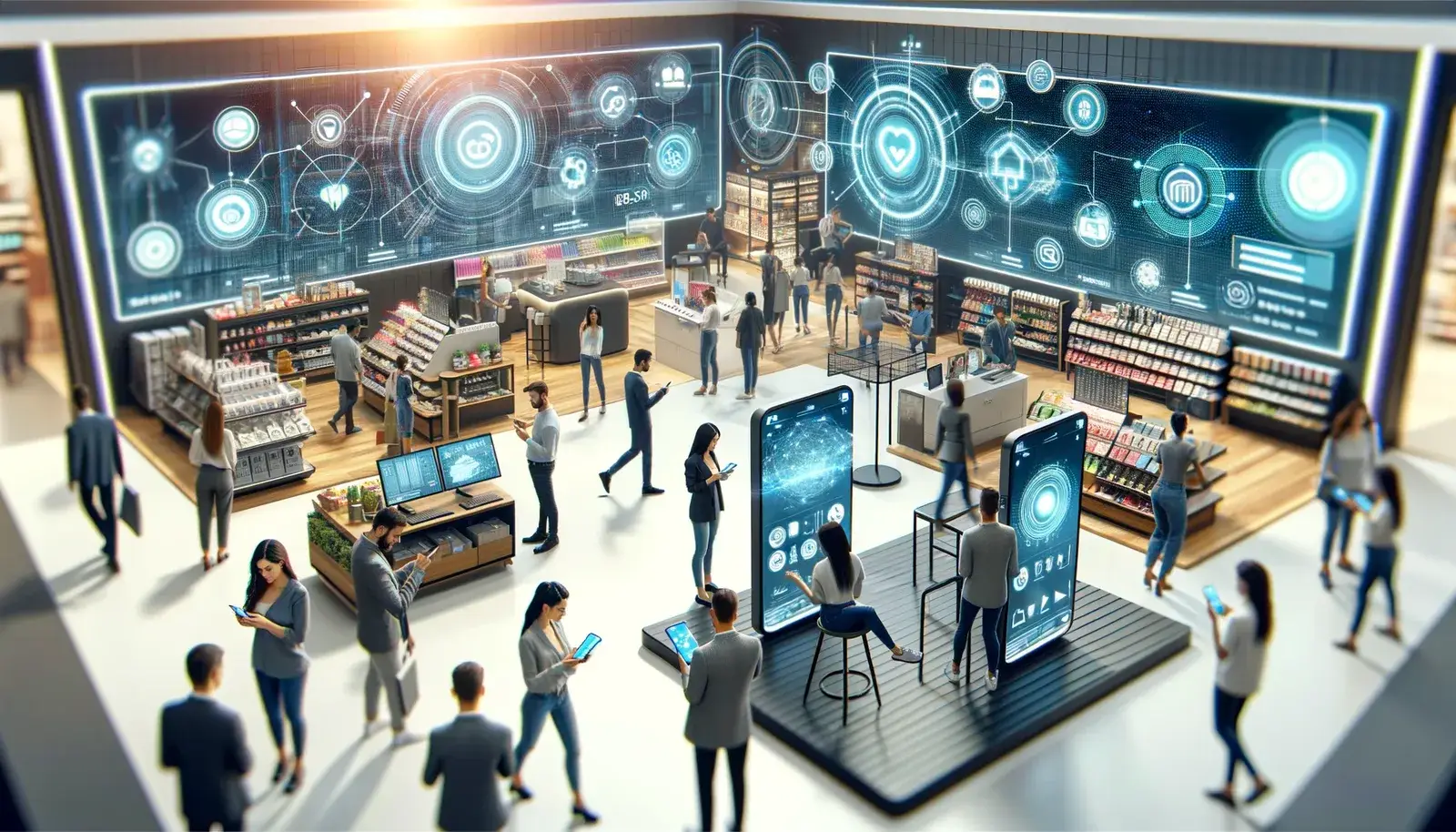 Local comercial futurista con clientes usando celulares, pantallas táctiles gigantes y paneles holográficos en las paredes