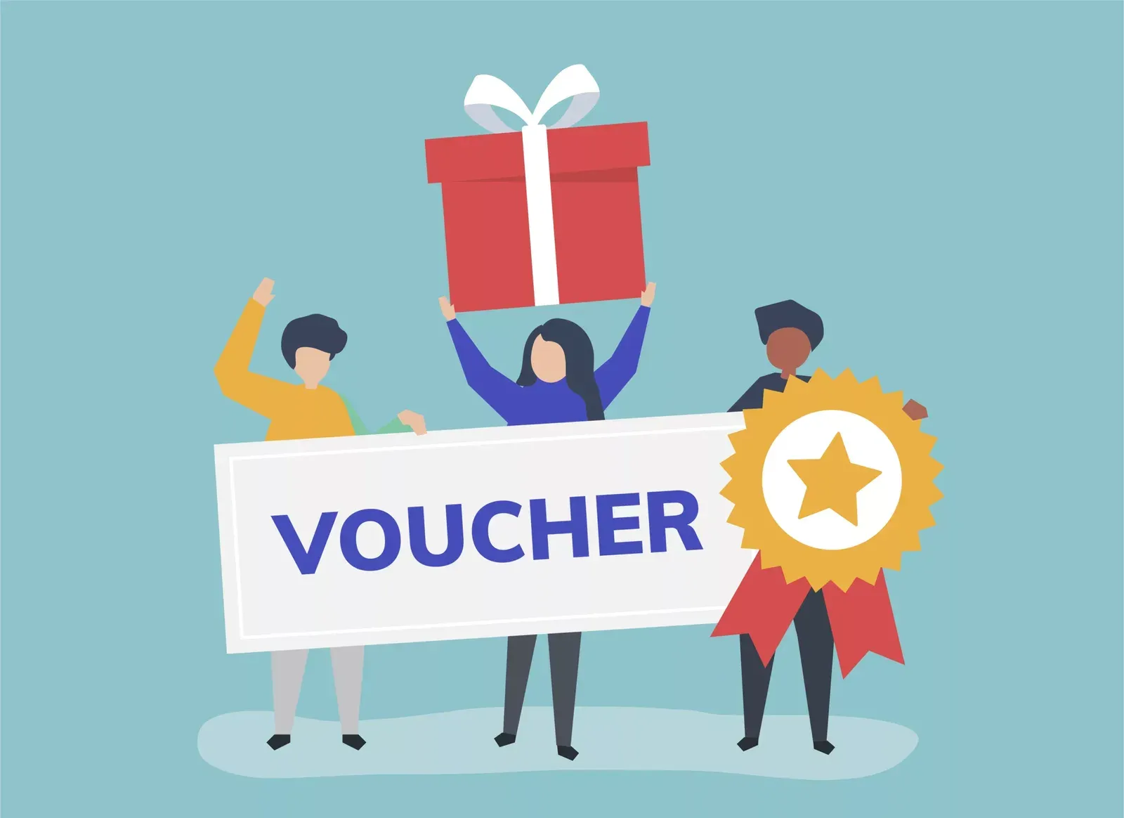 Tres personas sostienen un cartel que dice VOUCHER con un sello de estrella mientras una levanta una caja de regalo roja