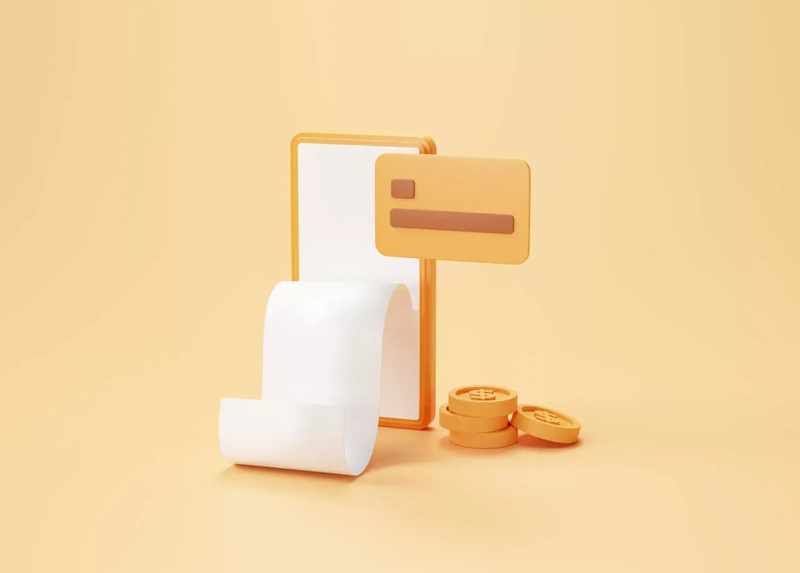 Ilustración 3D de un ticket de compra que sale de un celular, con una tarjeta y monedas, en tonos naranjas