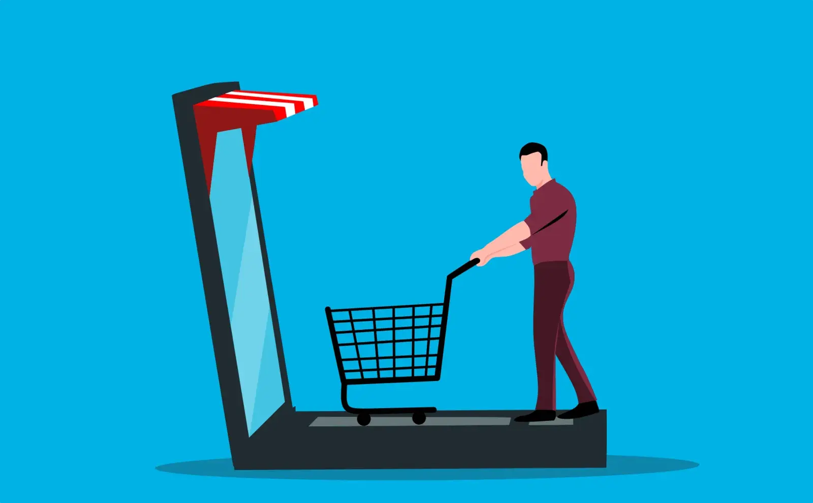 Hombre empujando un carrito de compras que sale de la pantalla de una laptop con toldo de tienda, sobre fondo celeste