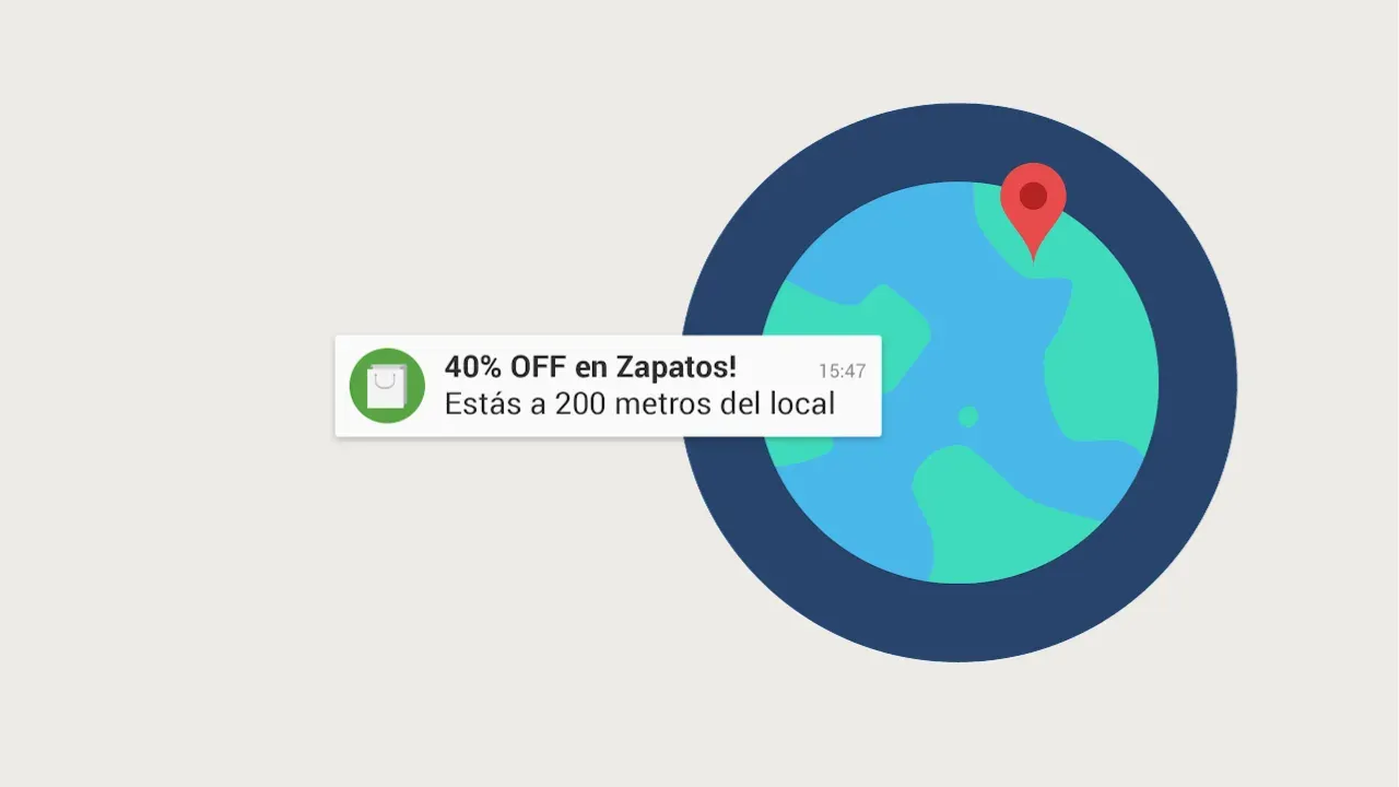 Notificación push de 40% OFF en zapatos a 200 metros del local, junto a un globo terráqueo con un pin de ubicación