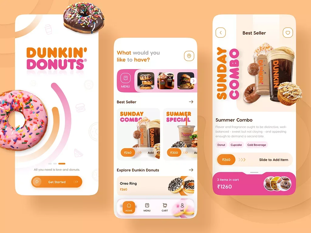 Tres pantallas de una app de pedidos de Dunkin' Donuts: inicio, menú con combos más vendidos y detalle de un combo