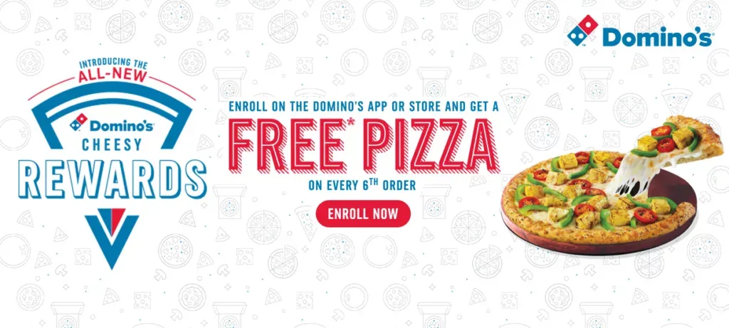 Banner de Domino's Cheesy Rewards: una pizza gratis cada seis pedidos al inscribirse en la app o en el local