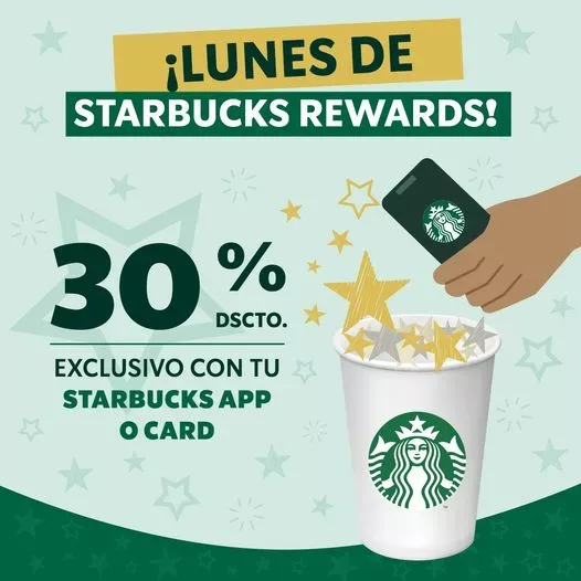 Promoción Lunes de Starbucks Rewards: 30% de descuento exclusivo pagando con la app o la tarjeta Starbucks