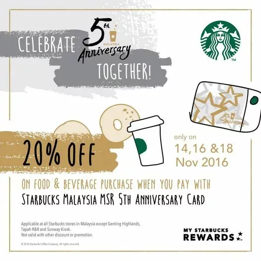 Promoción del quinto aniversario de My Starbucks Rewards en Malasia: 20% de descuento pagando con la tarjeta conmemorativa