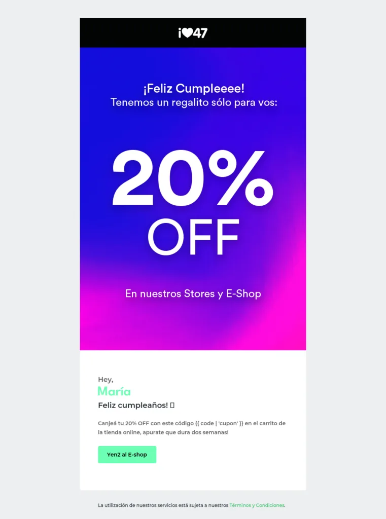 Mail de cumpleaños de una marca de indumentaria que regala un 20 % OFF en tiendas y e-shop con un código de cupón