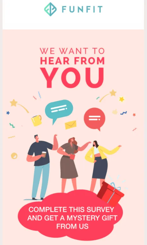 Mail de la marca Funfit con el título We want to hear from you que pide completar una encuesta a cambio de un regalo sorpresa