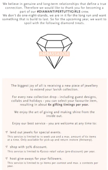 Mail de Diamanti Per Tutti a sus embajadoras con los beneficios del año: préstamo de joyas, 50 % de descuento y sorteos