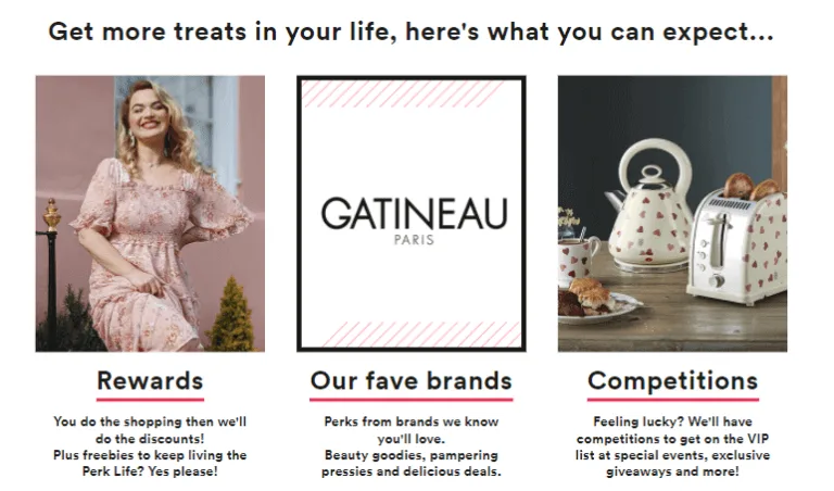 Sección del programa Perks de Simply Be con tres bloques: Rewards, Our fave brands y Competitions