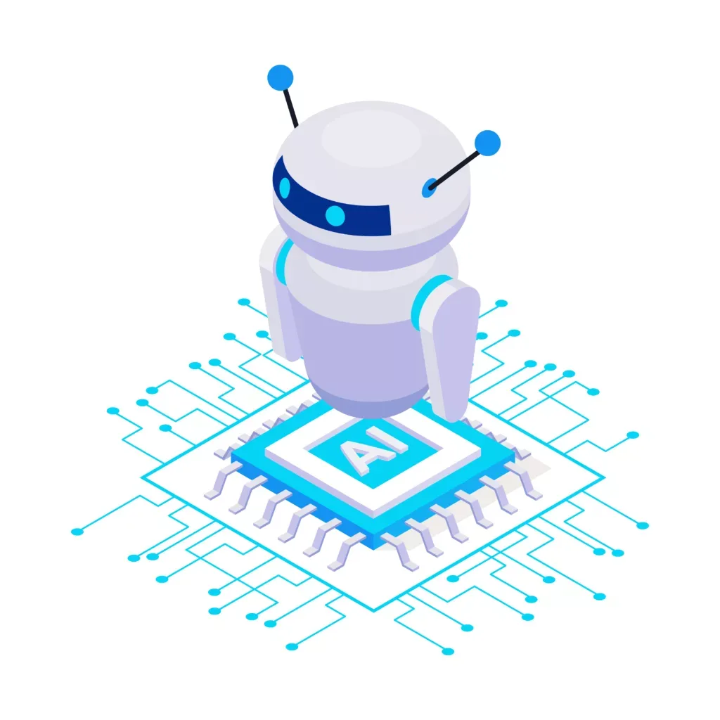 Robot blanco con antenas parado sobre un chip con la sigla AI y circuitos celestes