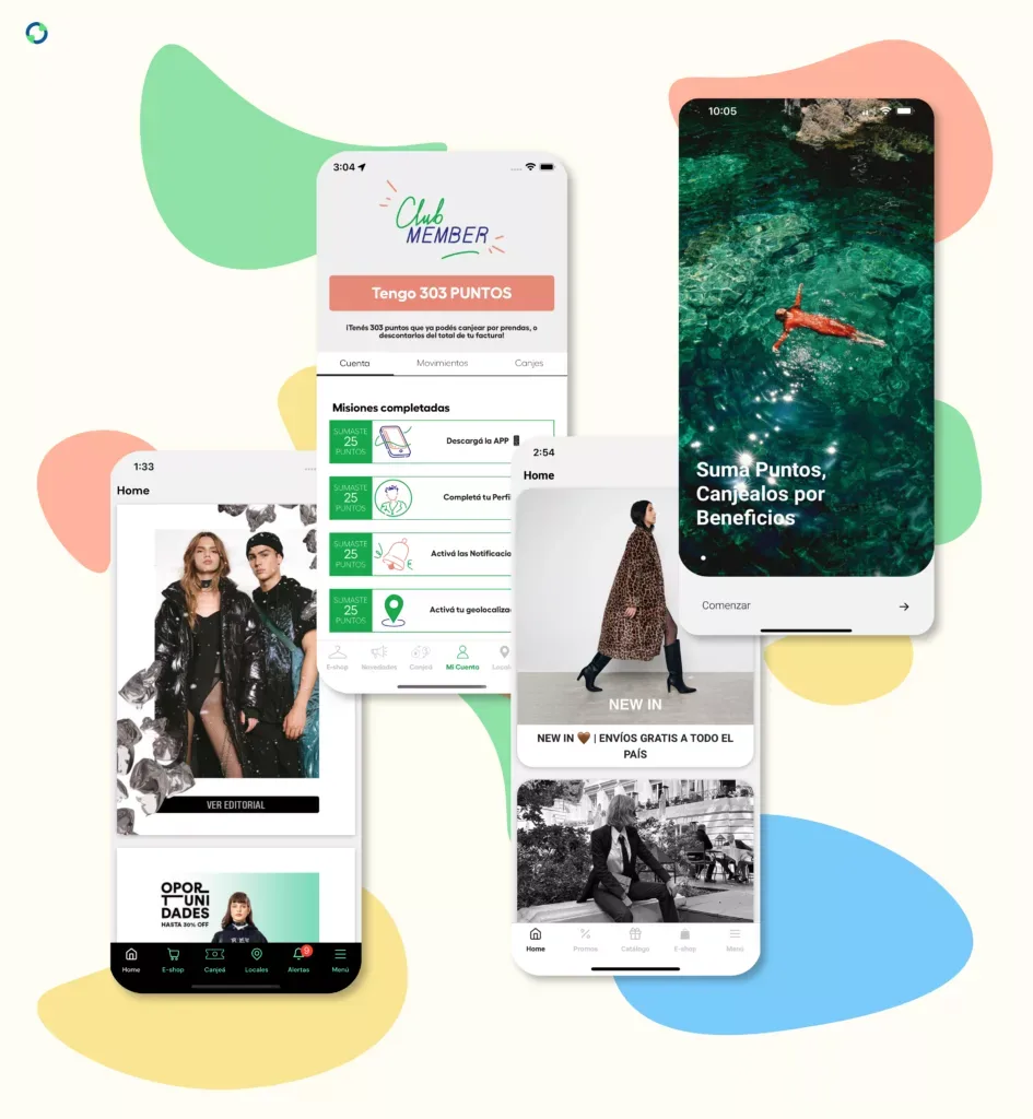 Pantallas de una app de fidelización de moda: home, Club Member con 303 puntos y misiones completadas, y bienvenida