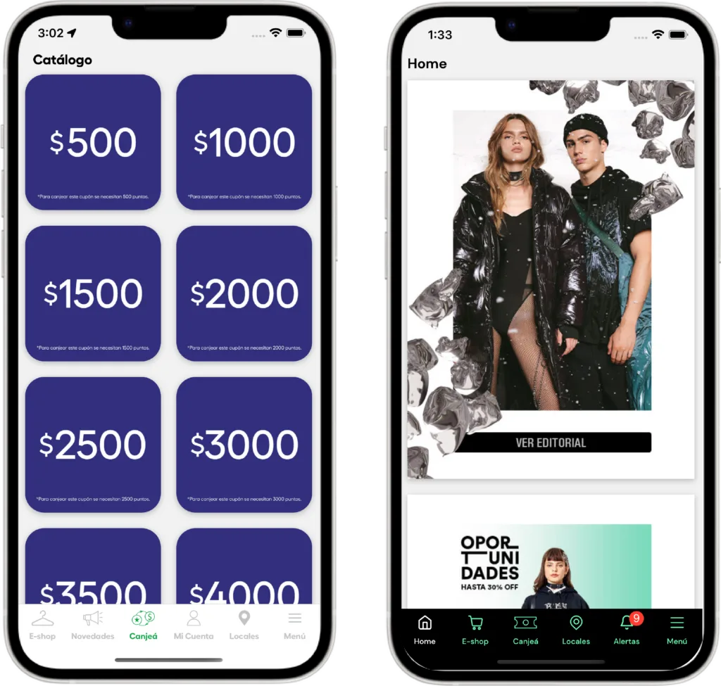 Dos pantallas de una app de fidelización: catálogo de cupones de $500 a $4000 y home con una editorial de moda