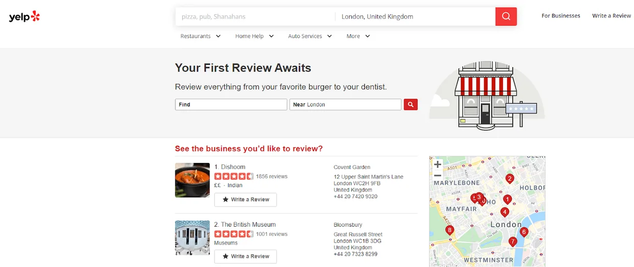Página de Yelp para escribir la primera reseña, con locales de Londres como Dishoom y el British Museum sobre un mapa