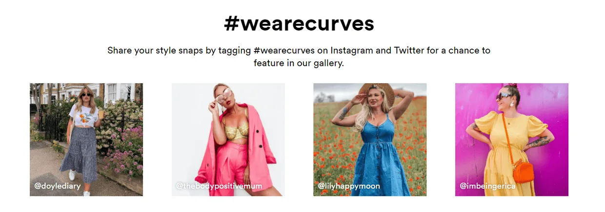Galería #wearecurves de Simply Be con fotos de clientas que comparten sus looks en Instagram y Twitter