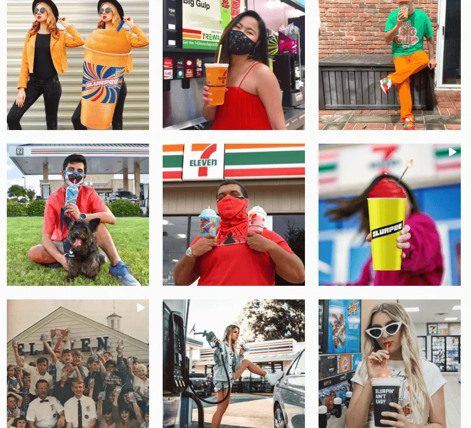 Grilla de Instagram de 7-Eleven con clientes posando con vasos Slurpee en tiendas y disfraces