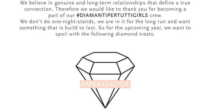 Mensaje de bienvenida a las #DIAMANTIPERTUTTIGIRLS de Diamanti Per Tutti con un diamante dibujado y la palabra Ambassador