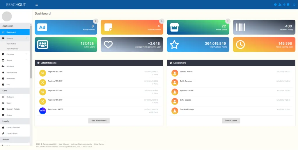 Dashboard de la plataforma ReachOut con promos activas, usuarios activos, puntos totales y los últimos canjes y usuarios